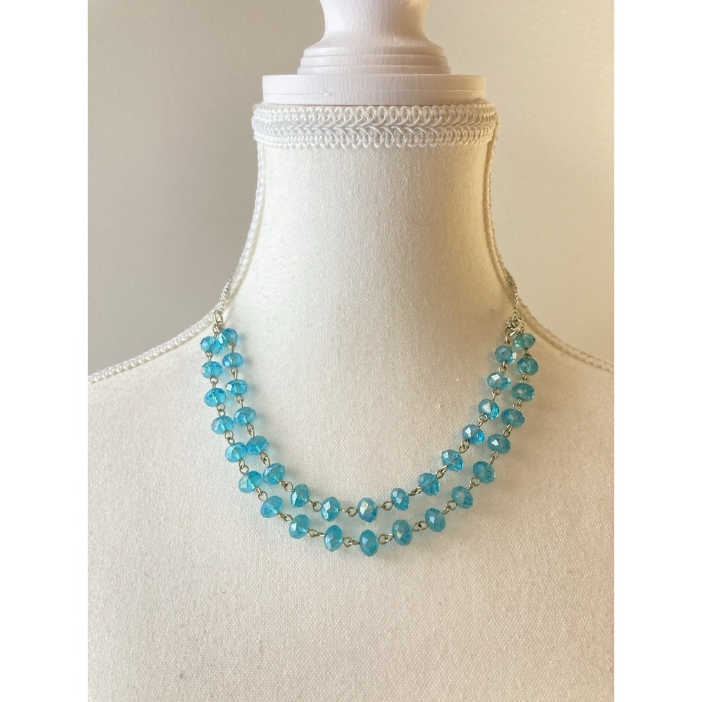 Aqua Blue Faceted Bead Necklace Double Strand Silver Tone Whimsical Romantic